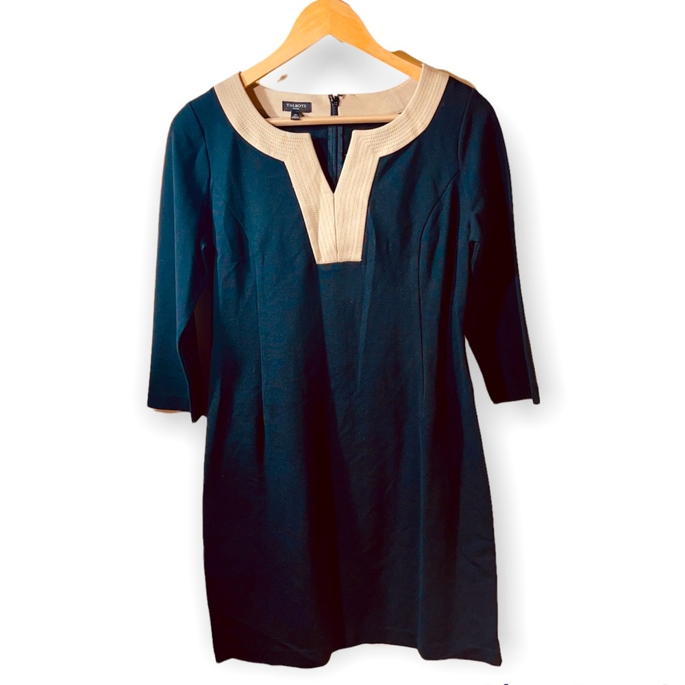 Talbots Black/Tan 3/4 Sleeve Sheath Dress Size 4 Petite EUC